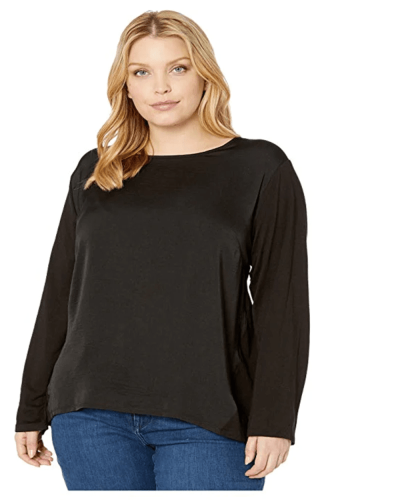 Front of a model wearing a size 0X Michael Kors Women's Plus Mixed Media Top Black Size 0X in Black by Michael Kors. | dia_product_style_image_id:311284